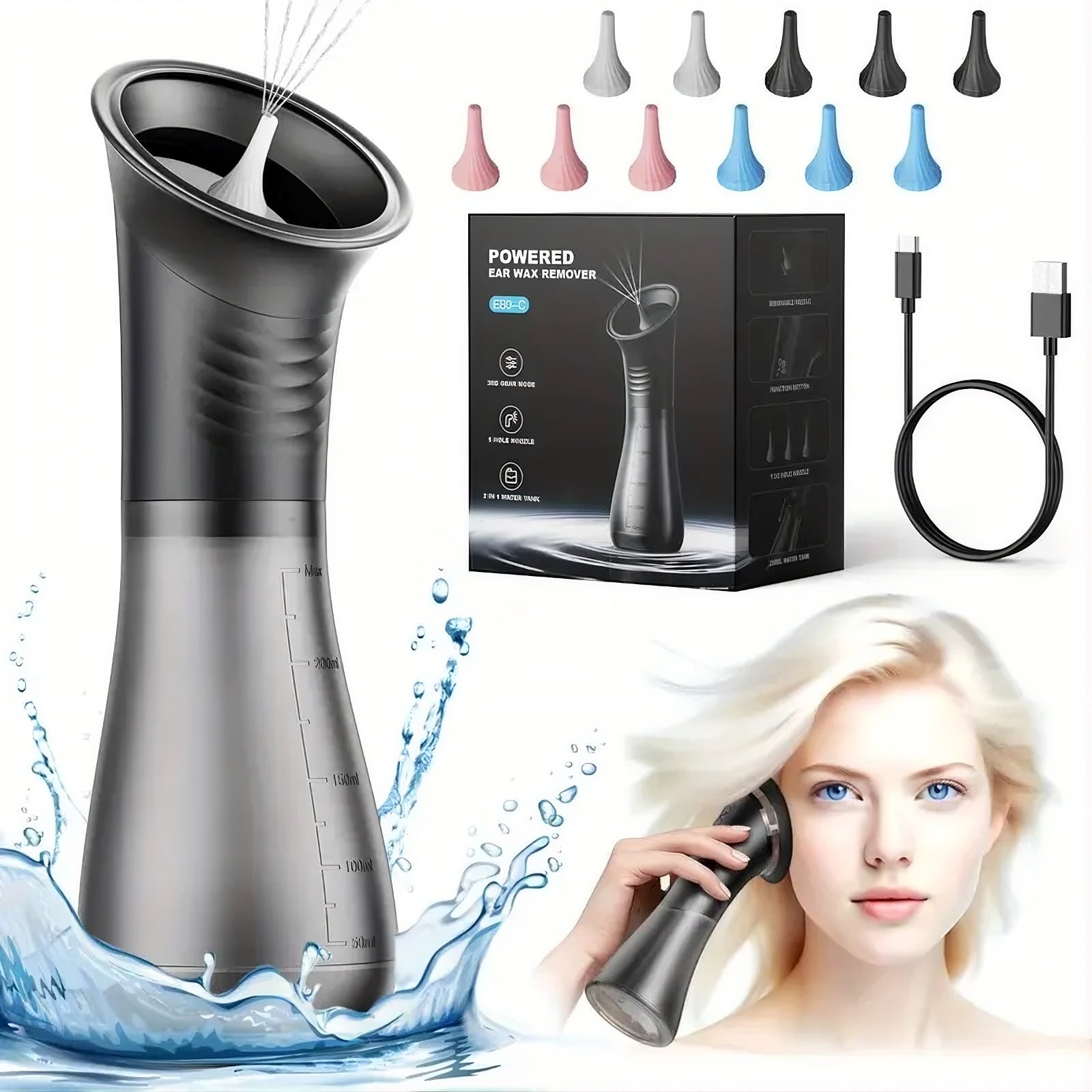 Electric Ear Irrigation Kit | 4 Pressure Levels | IPX7 Waterproof | Safe Ear Wax Removal