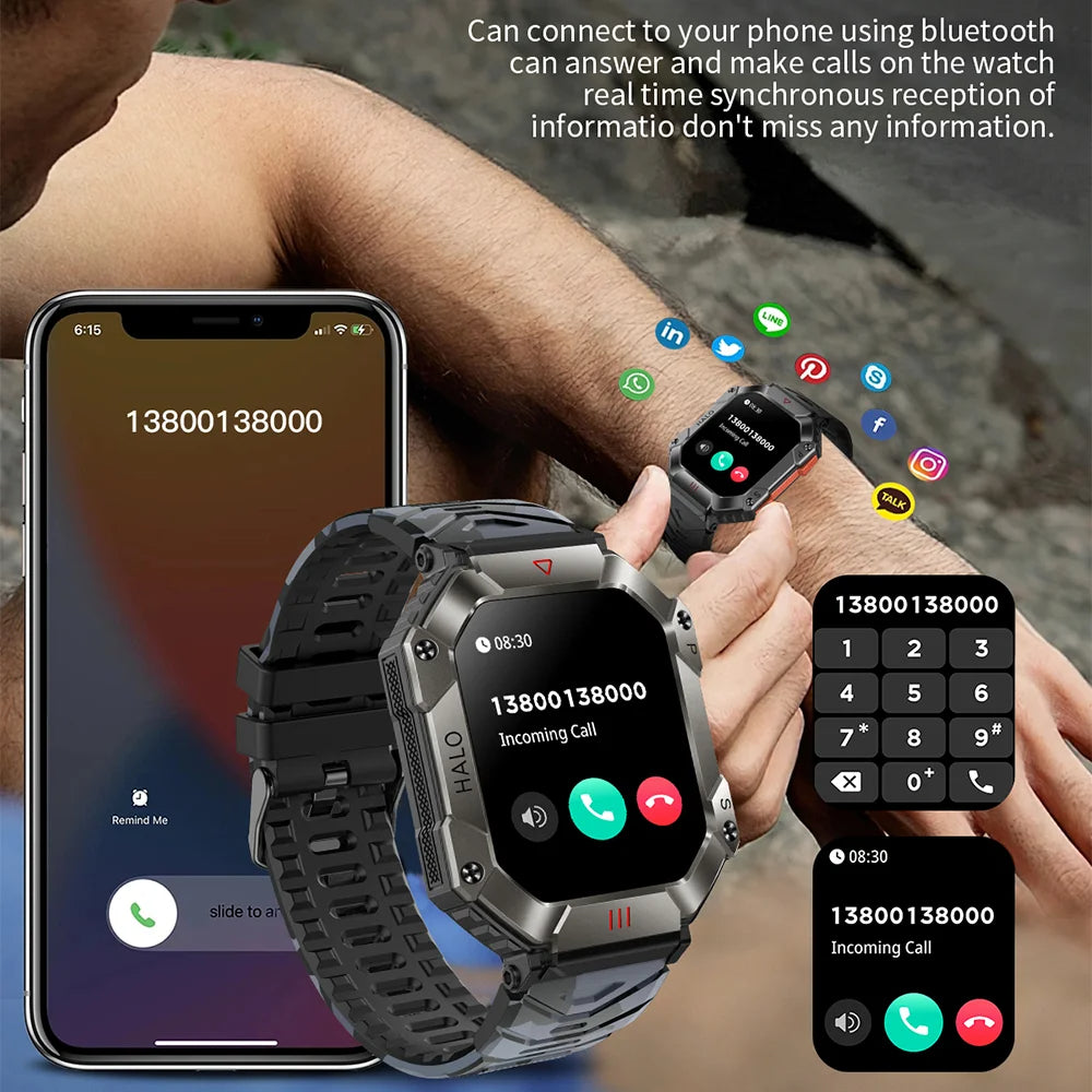 Rugged Military Smartwatch for Men – IP67 Waterproof | Fitness Tracker | Bluetooth Calls | AI Voice | 6 Styles