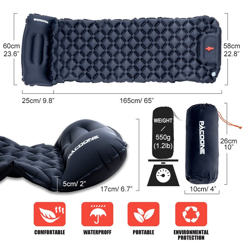 Camping Inflatable Mattress | Self-Inflating Sleeping Pad with Built-In Pillow