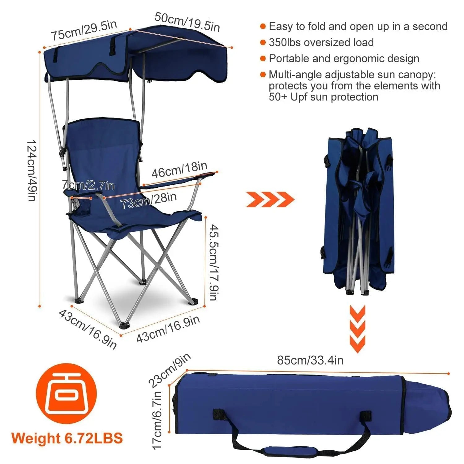 Camping Chair with Canopy | UPF 50+ Sunshade | 350 lbs Capacity