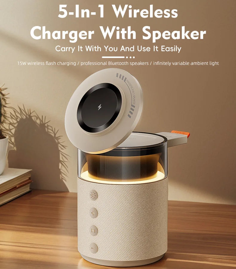 5-in-1 Magnetic Wireless Charging Station – Bluetooth Speaker & Night Light | iPhone, Watch & Earbuds