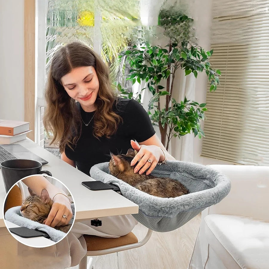 Foldable Cat Desk Bed – Attachable Desktop Cat Perch with Faux Fur, Holds 40 lb