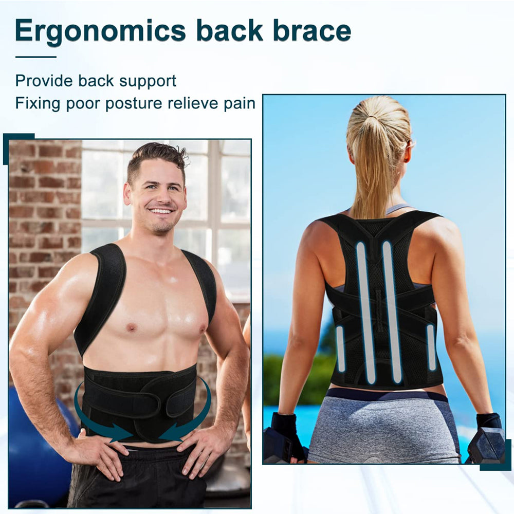 Back Posture Corrector with Lumbar Support – Adjustable Brace for Men & Women | XS–2XL | Black & Gray