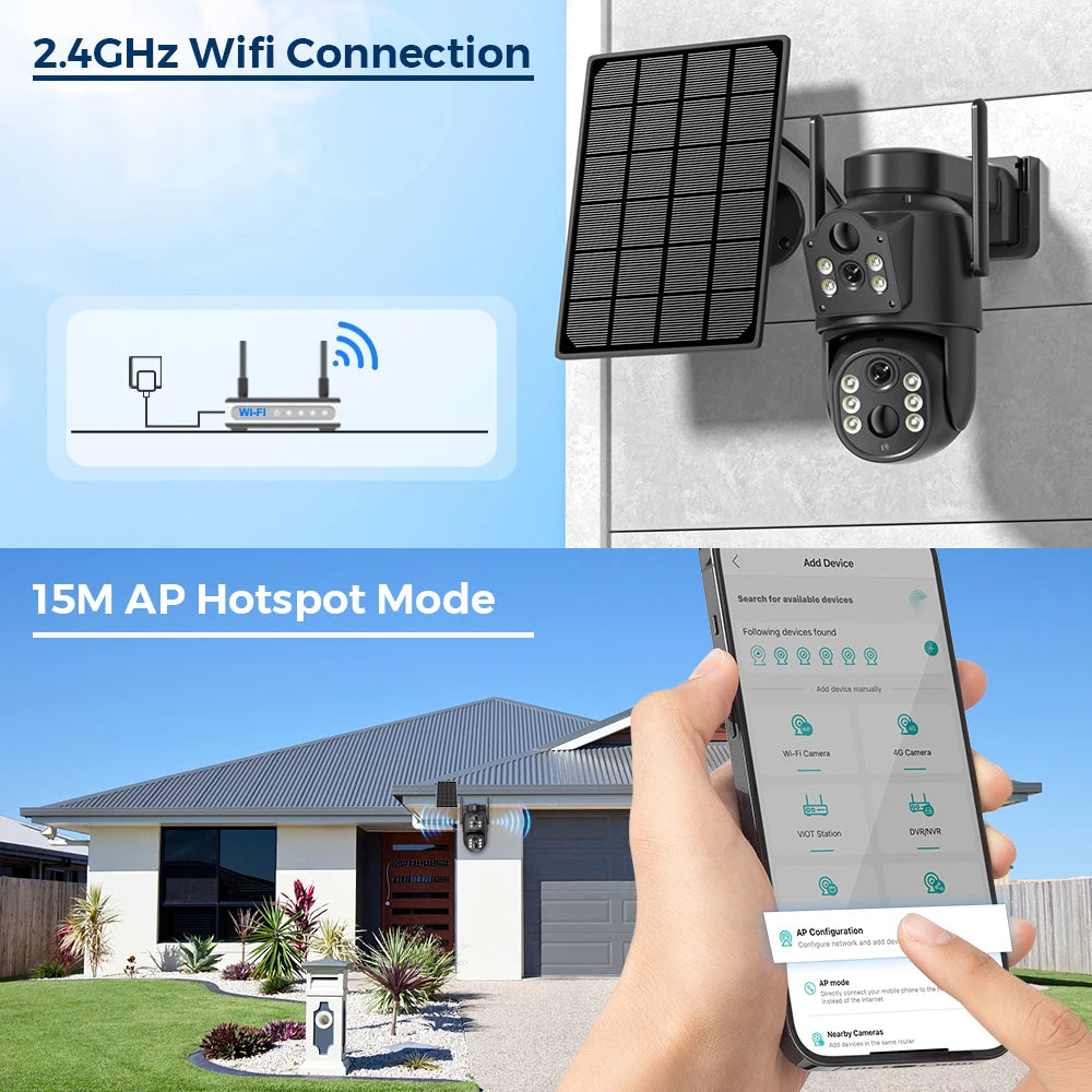 4K Dual Lens Solar Security Camera – Outdoor WiFi Camera with Wide Angle & Zoom View
