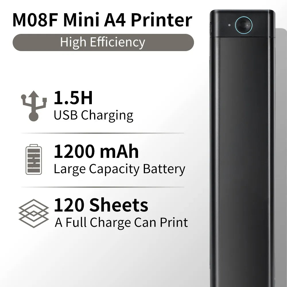 Portable Inkless Thermal Printer – A4 & Letter | Bluetooth | iOS, Android & Laptop | No Ink Needed | M08F