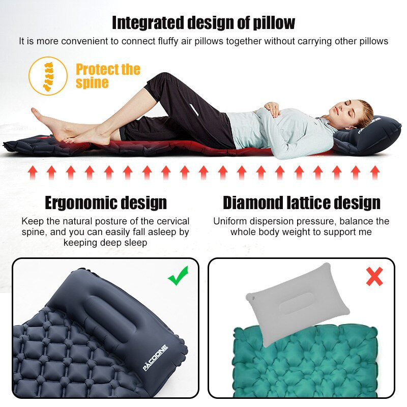 Camping Inflatable Mattress | Self-Inflating Sleeping Pad with Built-In Pillow