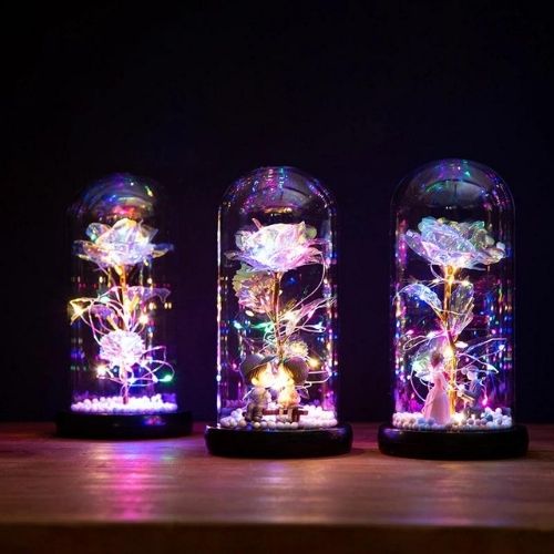 Enchanted Galaxy Rose LED Lamp – Iridescent Glow | Fairy Lights | Wooden Base | Perfect Gift for Her
