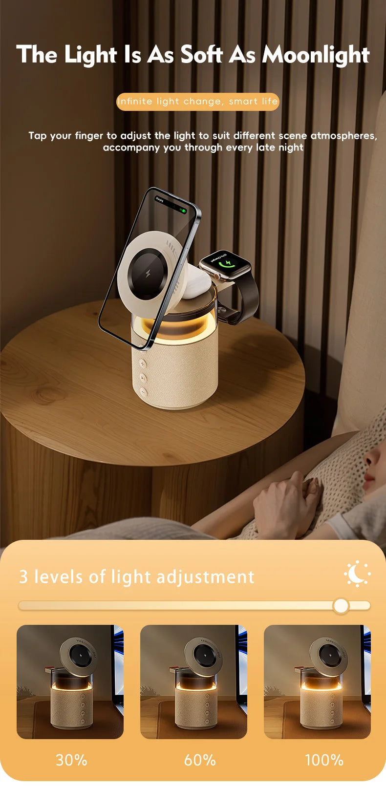 5-in-1 Magnetic Wireless Charging Station – Bluetooth Speaker & Night Light | iPhone, Watch & Earbuds