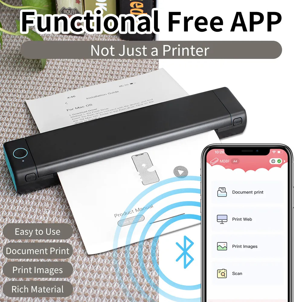 Portable Inkless Thermal Printer – A4 & Letter | Bluetooth | iOS, Android & Laptop | No Ink Needed | M08F