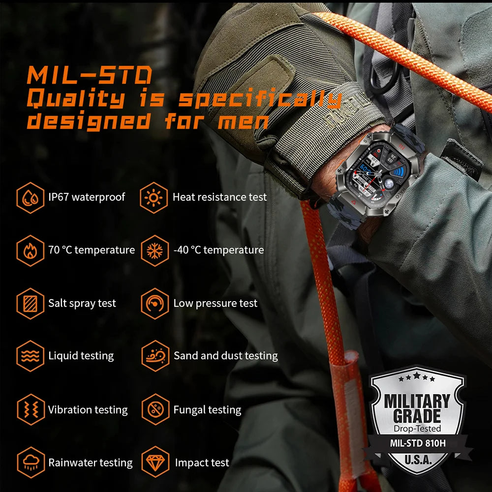 Rugged Military Smartwatch for Men – IP67 Waterproof | Fitness Tracker | Bluetooth Calls | AI Voice | 6 Styles