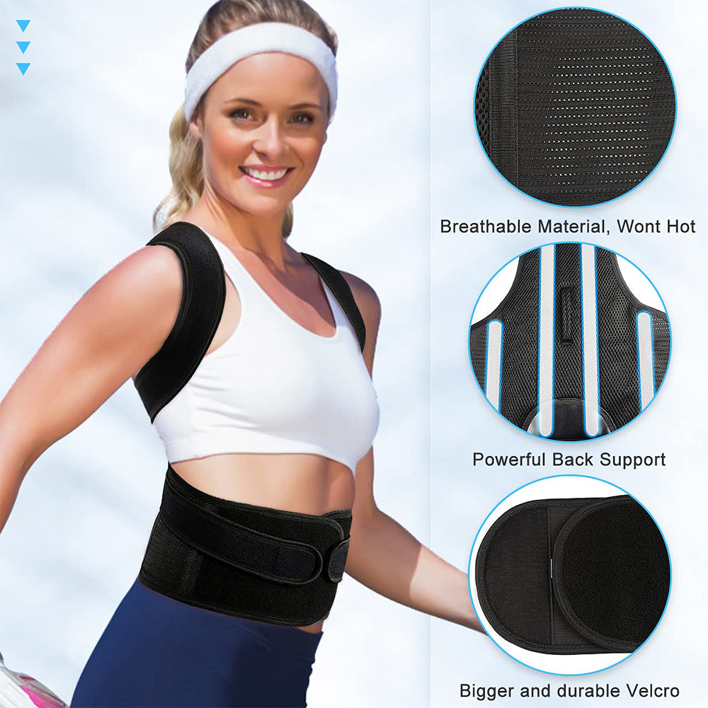 Back Posture Corrector with Lumbar Support – Adjustable Brace for Men & Women | XS–2XL | Black & Gray