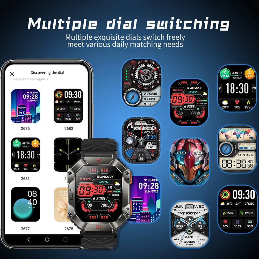 Rugged Military Smartwatch for Men – IP67 Waterproof | Fitness Tracker | Bluetooth Calls | AI Voice | 6 Styles