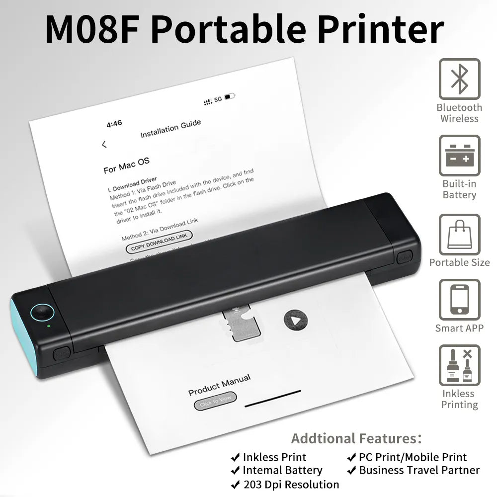 Portable Inkless Thermal Printer – A4 & Letter | Bluetooth | iOS, Android & Laptop | No Ink Needed | M08F